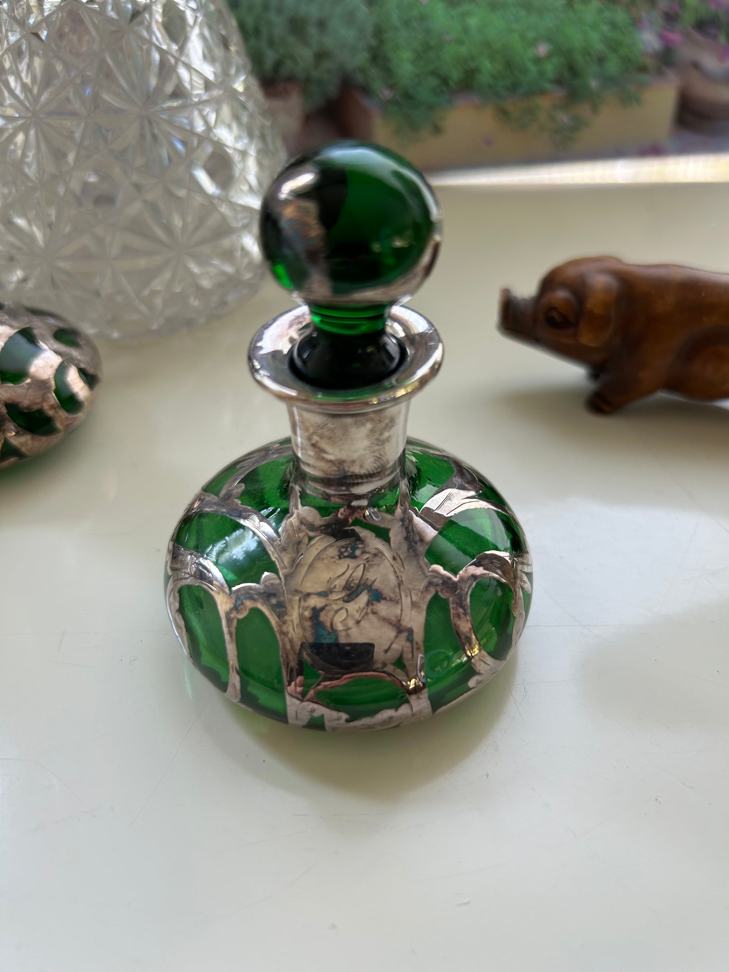 Antique Silver Overlay on Green Glass Perfume Bottle