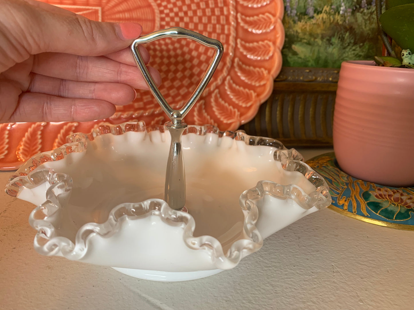 Fenton ruffled serving dish with handle! - Excellent condition!