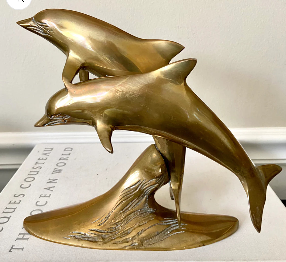 brilliant vintage brass double dolphin statue figurine