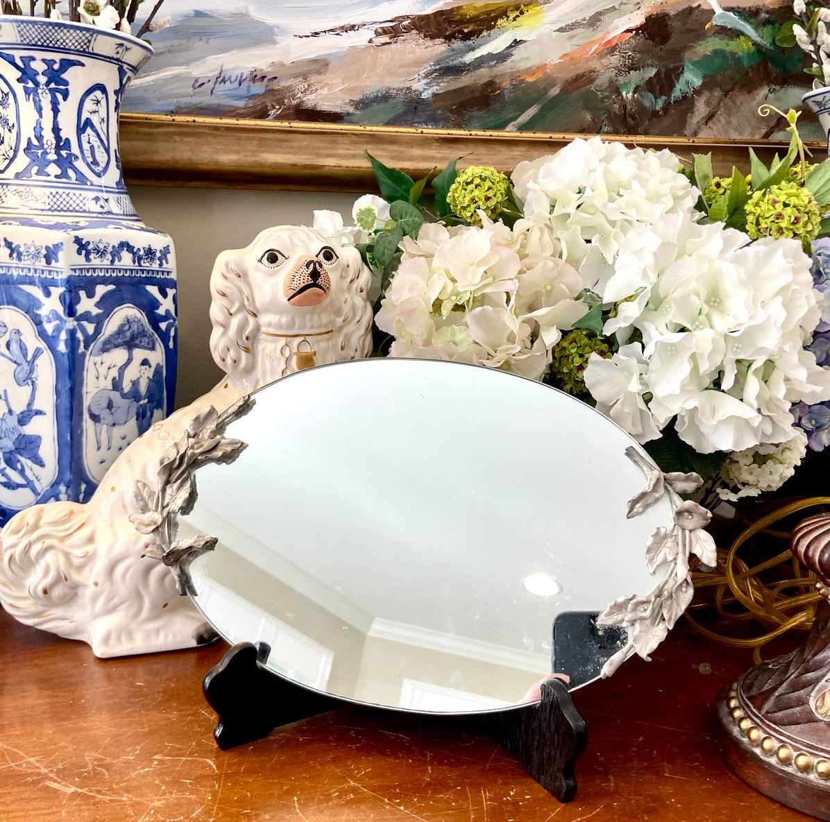 Gorgeous vintage floral details oval mirrored tray