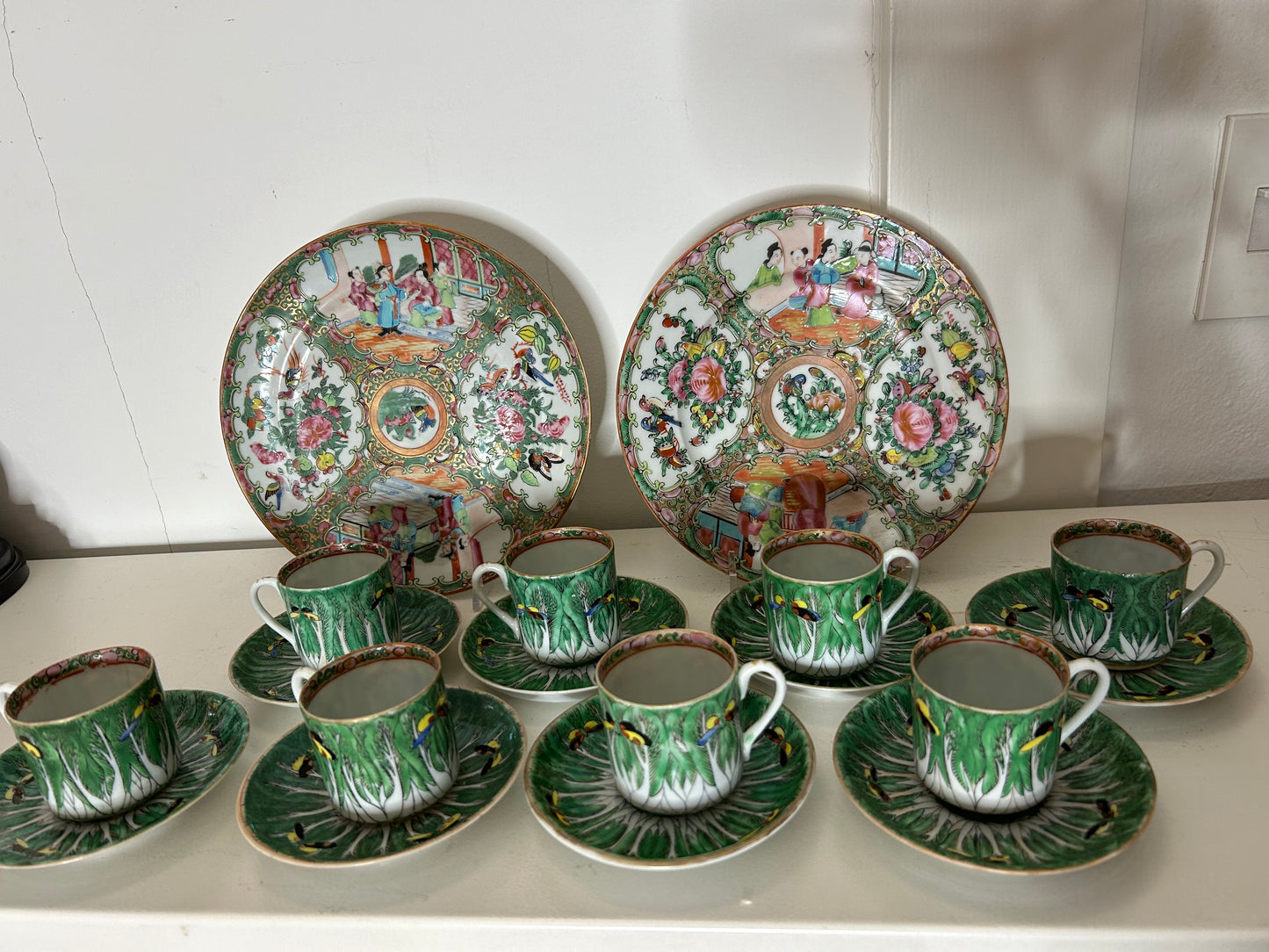 RM 11/1Antique Bok Choy Cups and Saucers 8 Sets Available will split in half