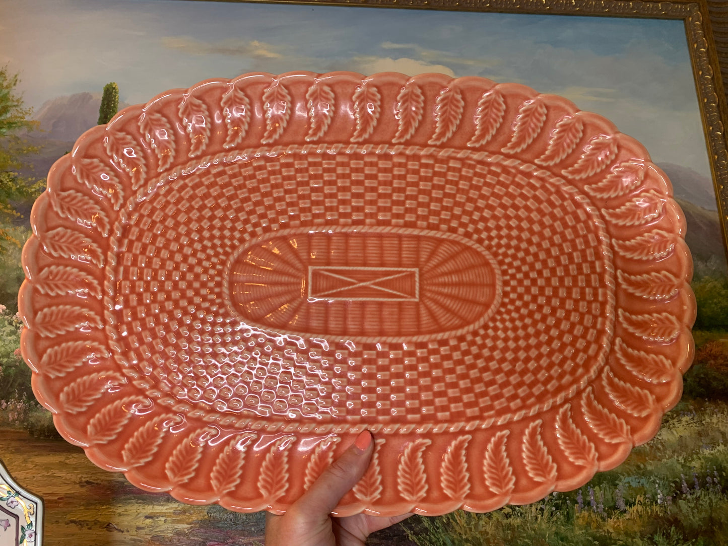 Rare and hard to find extra large Bordallo Pinheiro pink basketweave platter!