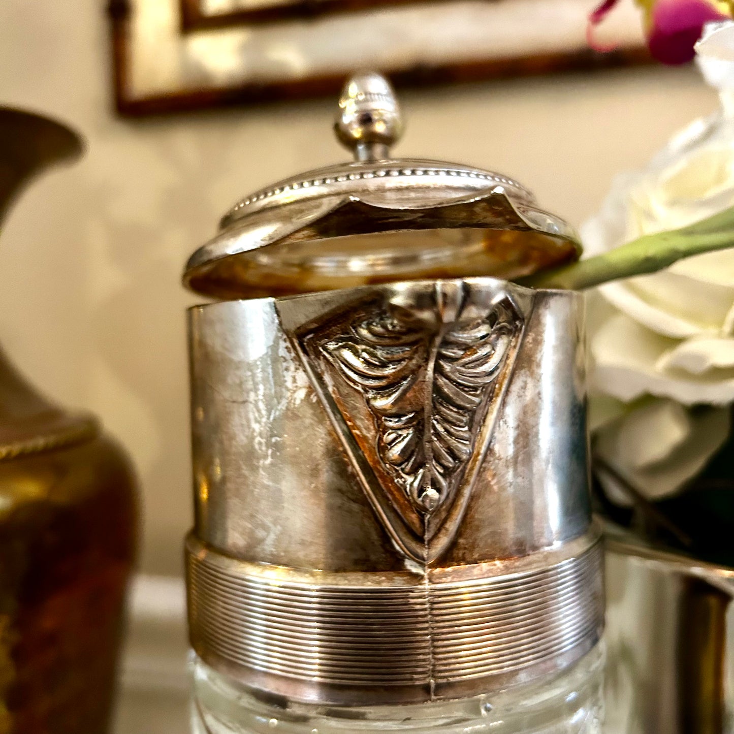 Gorgeous Vintage aged silver plate & crystal tall lidded pitcher vase