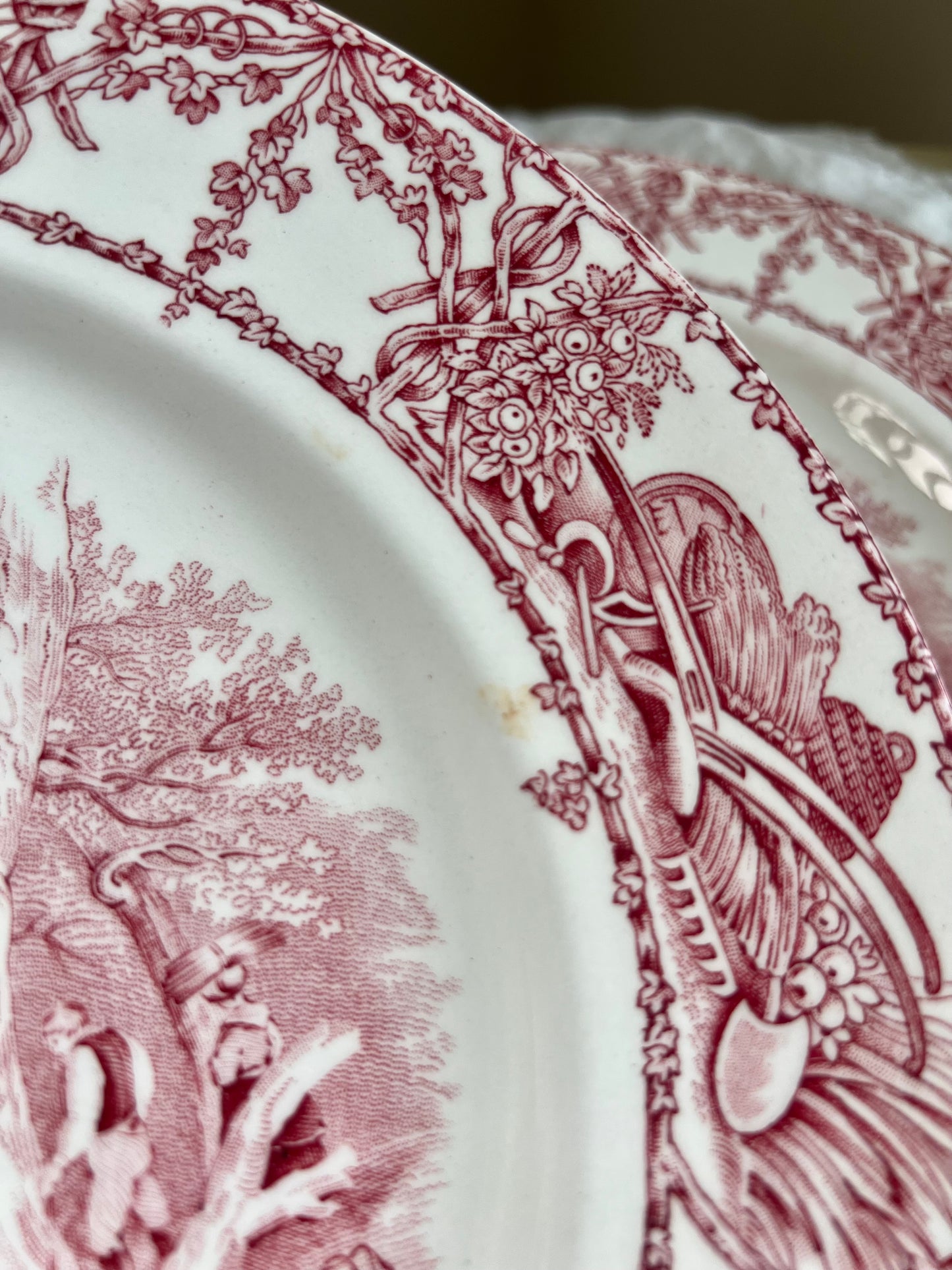 Vintage Set (5) Pastoral Davenport Red / Pink Transferware Dinner Plates