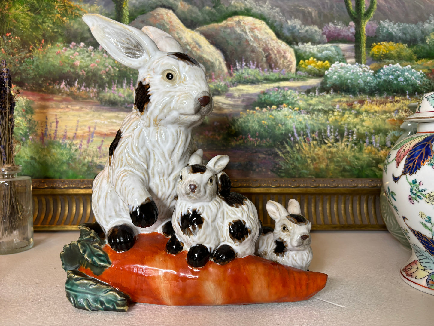 Absolutely adorable Majolica bunny with babies sitting on a carrot! - Excellent condition!