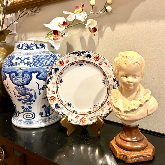 Antique Leighton Imari floral Blue & white scalloped Plate.