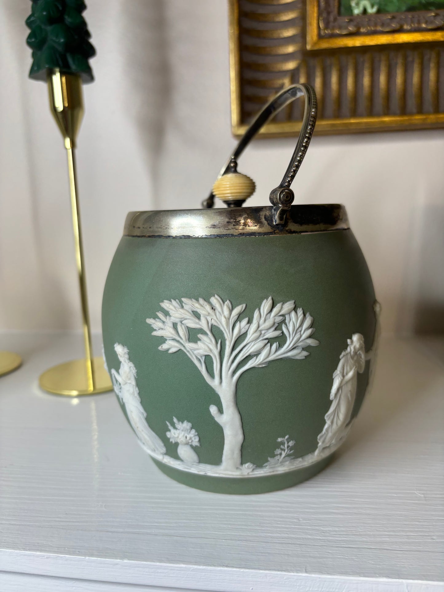 Vintage Green Jasperware Biscuit Barrel!