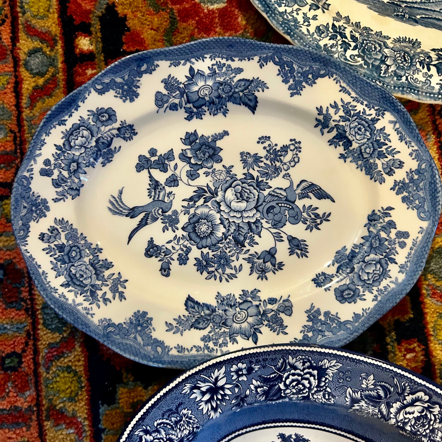 Set of 6 blue & white English oval platters plates