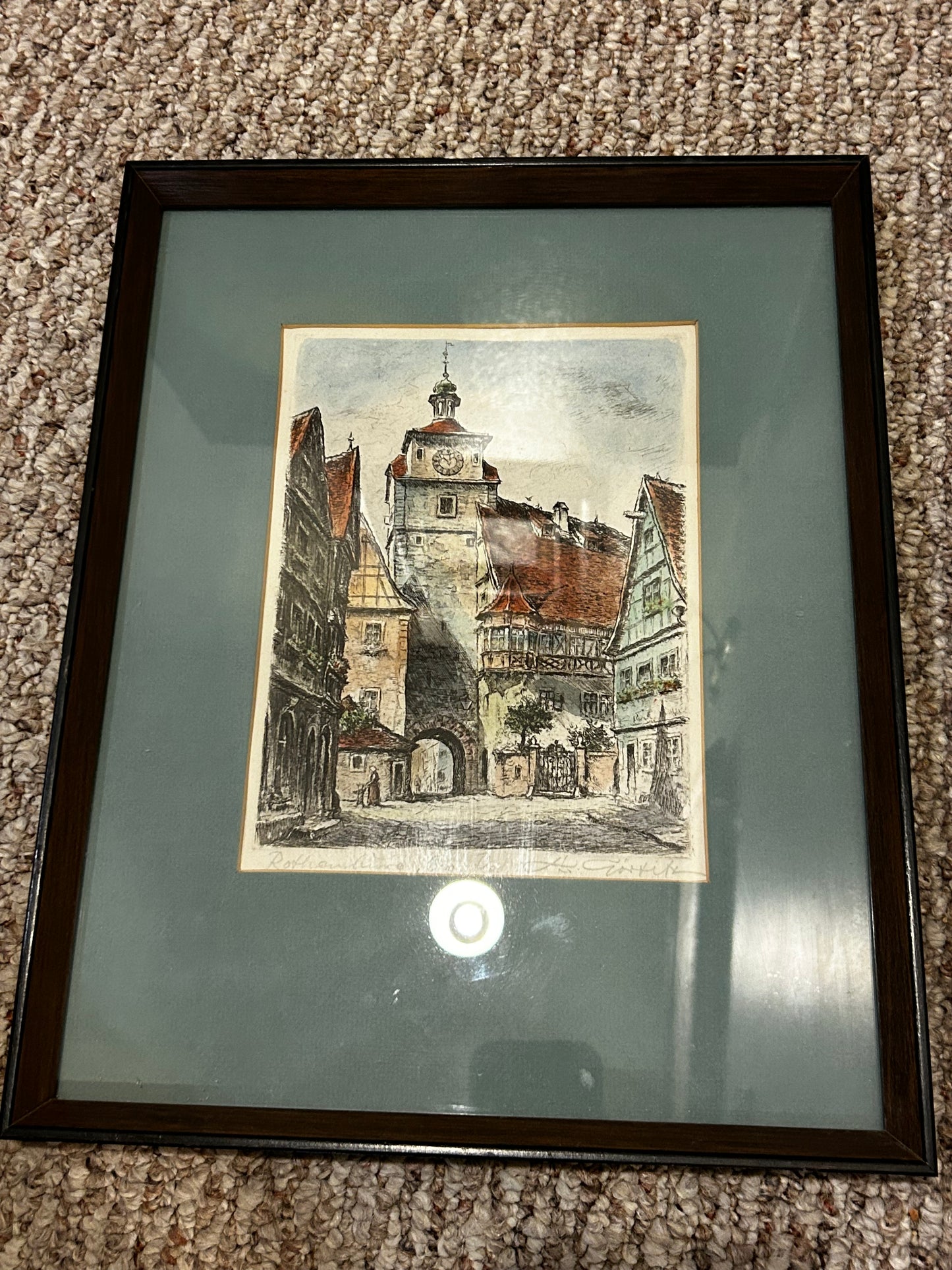 Signed original color etching of village in Rothenberg Germany