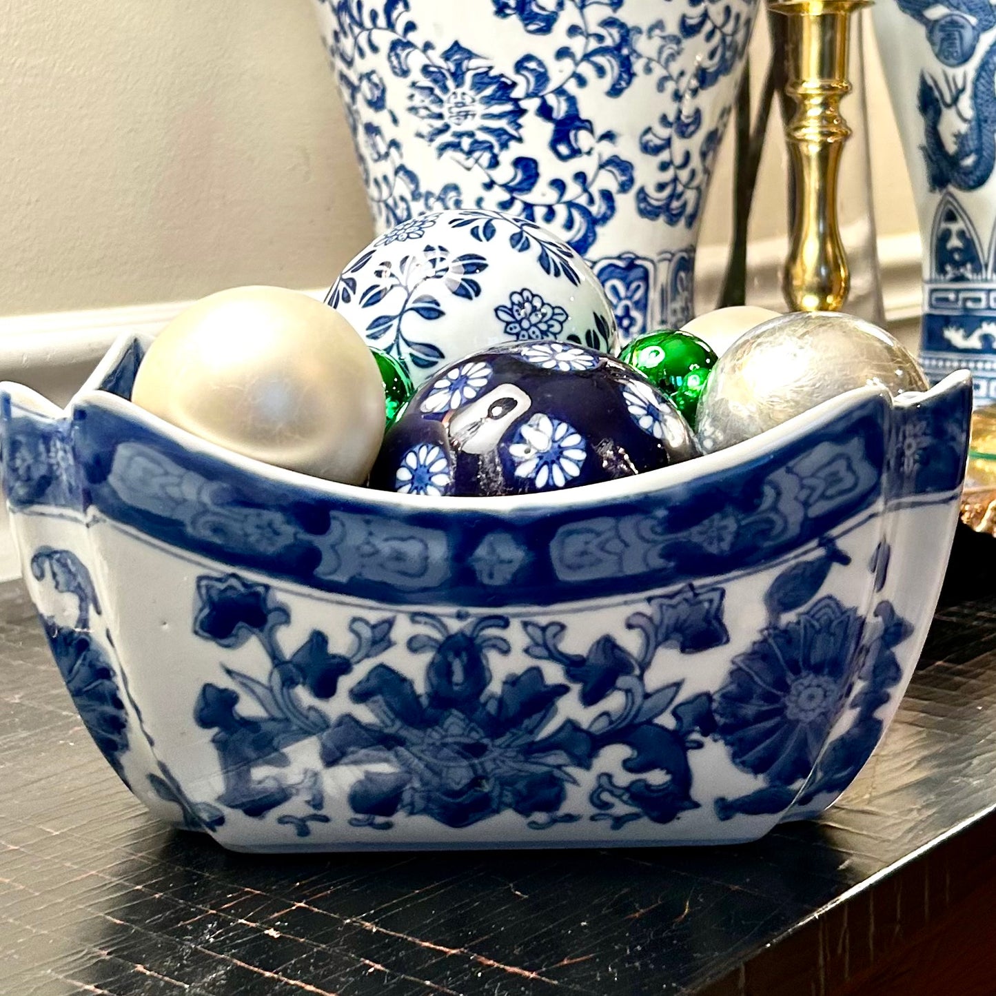 Fabulous vintage blue & white octagon planter centerpiece bowl 11d