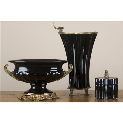 Stunning! Large Black Ebony pedestal urn W/ bronze detailing. Measures: 12Lx6Wx7H