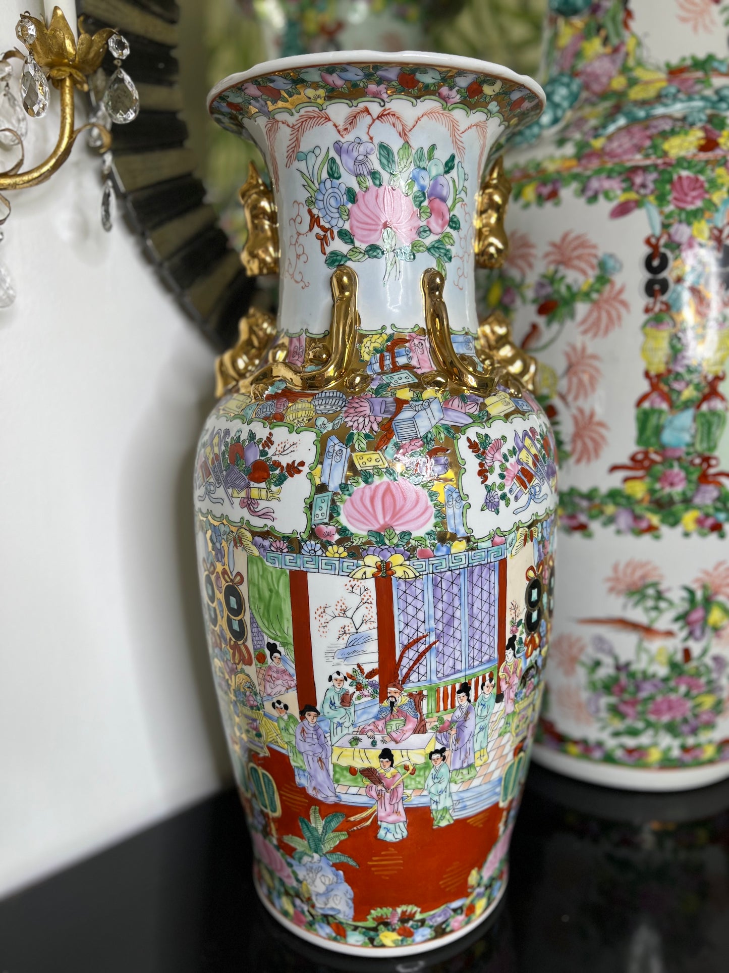 Large 25” Rose Famille Gold Detail Floor Vase