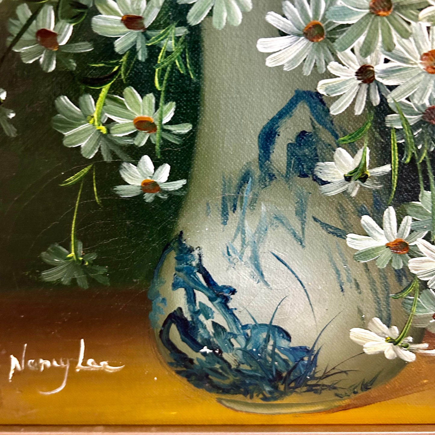 Signed original floral still life oil painting wall art in blue & white chinoiserie vase.