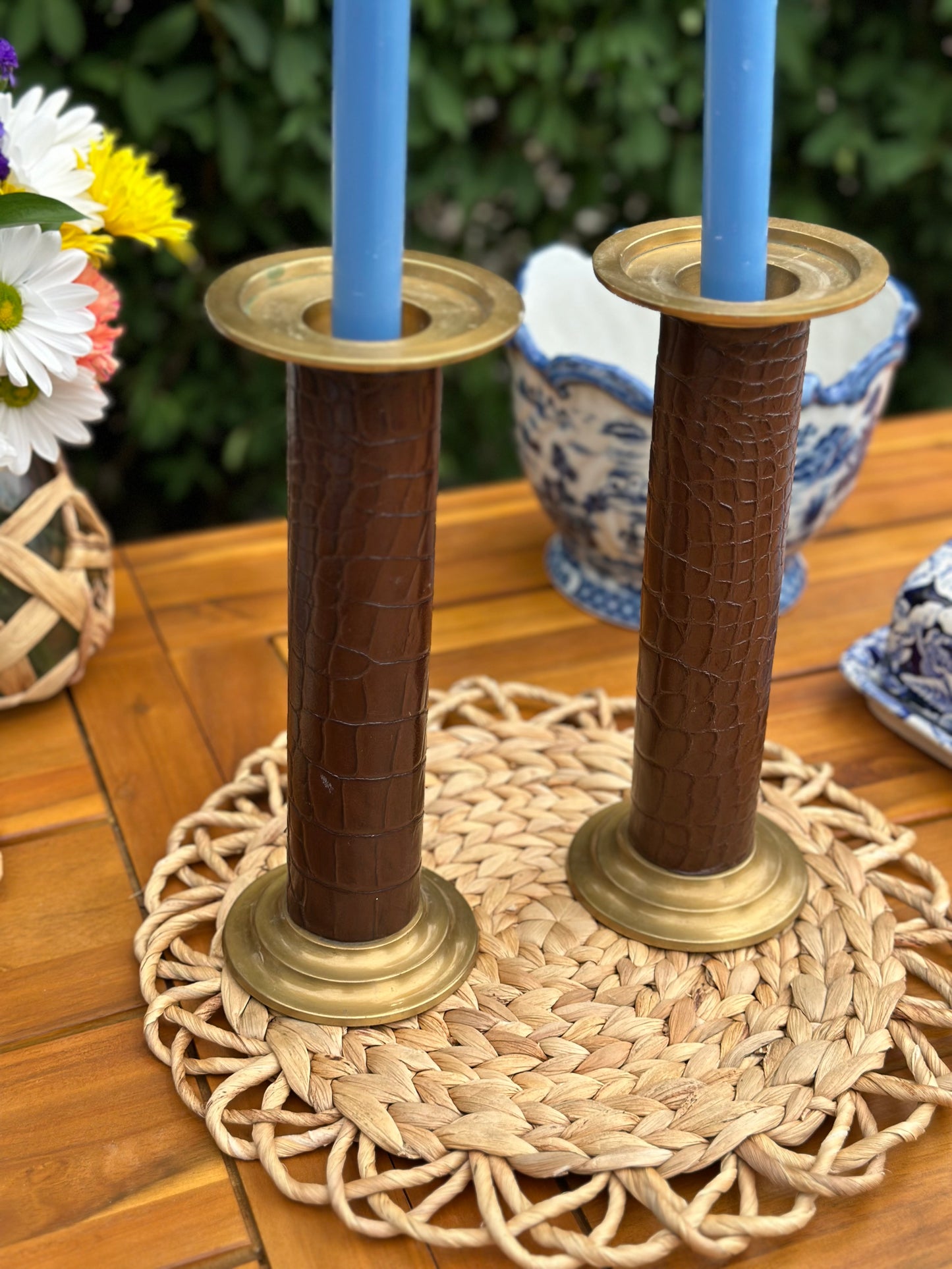 Vintage 10.5" Tall Brass candlesticks, embossed leather wrapped detail