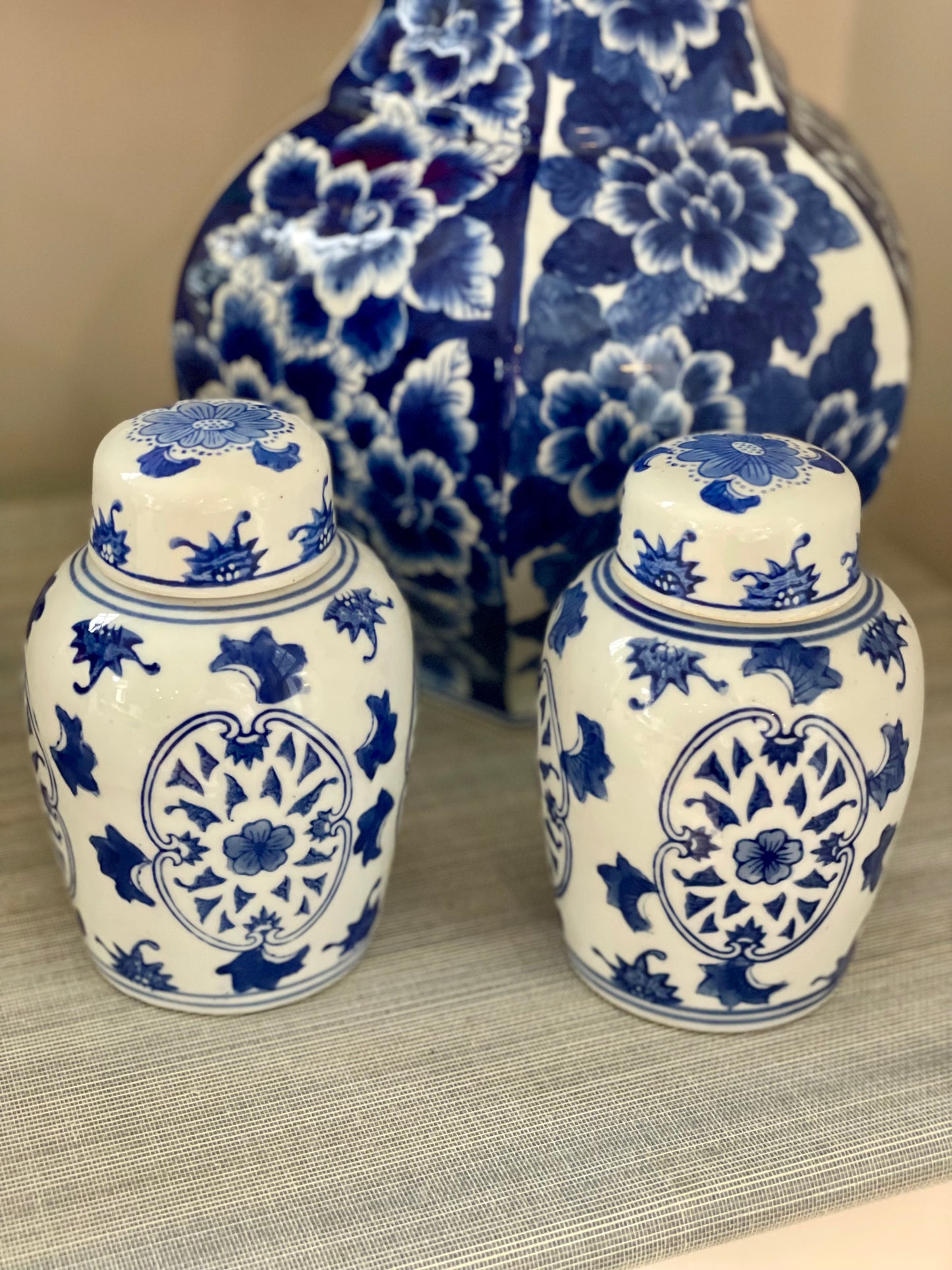 Vintage Pair of Blue & White 6” Lidded Jars