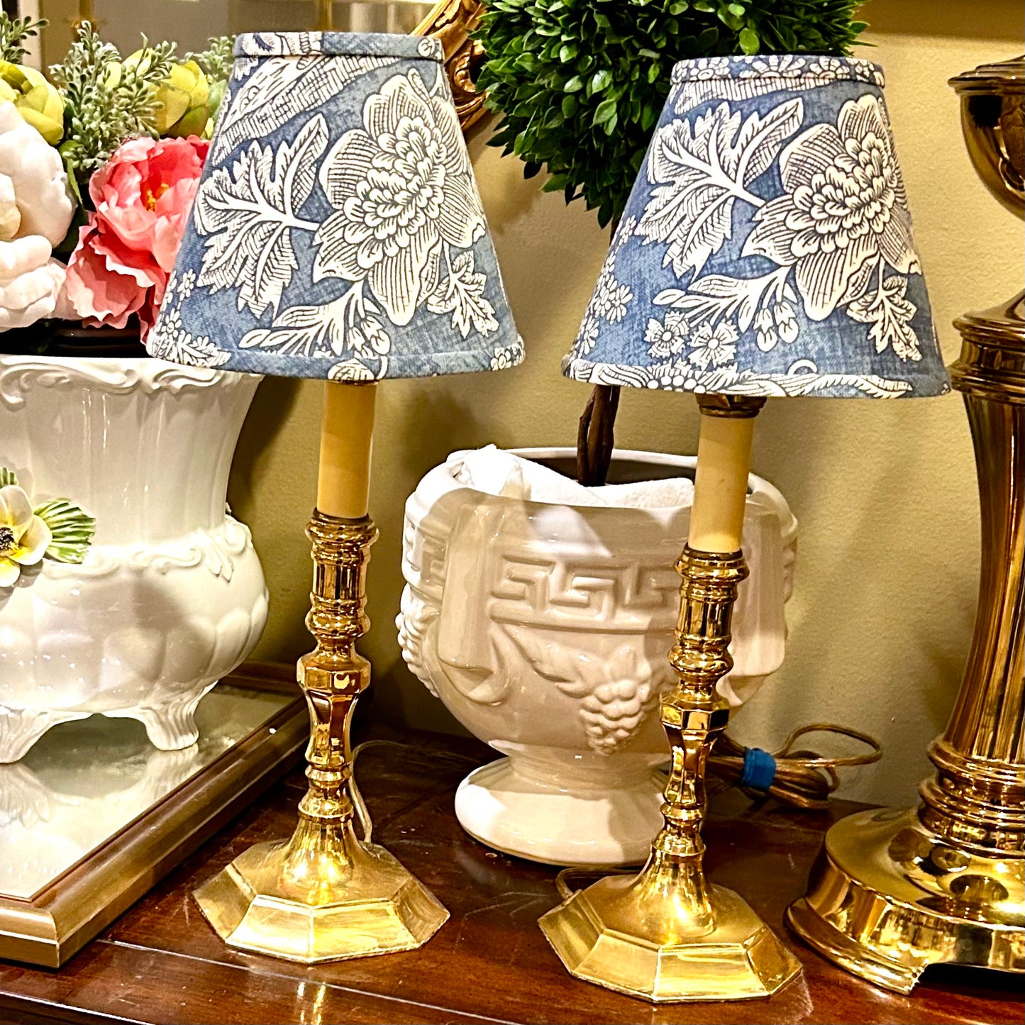 Pair of designer Lamp Crafters of CT brass candlestick vanity lamps with shades