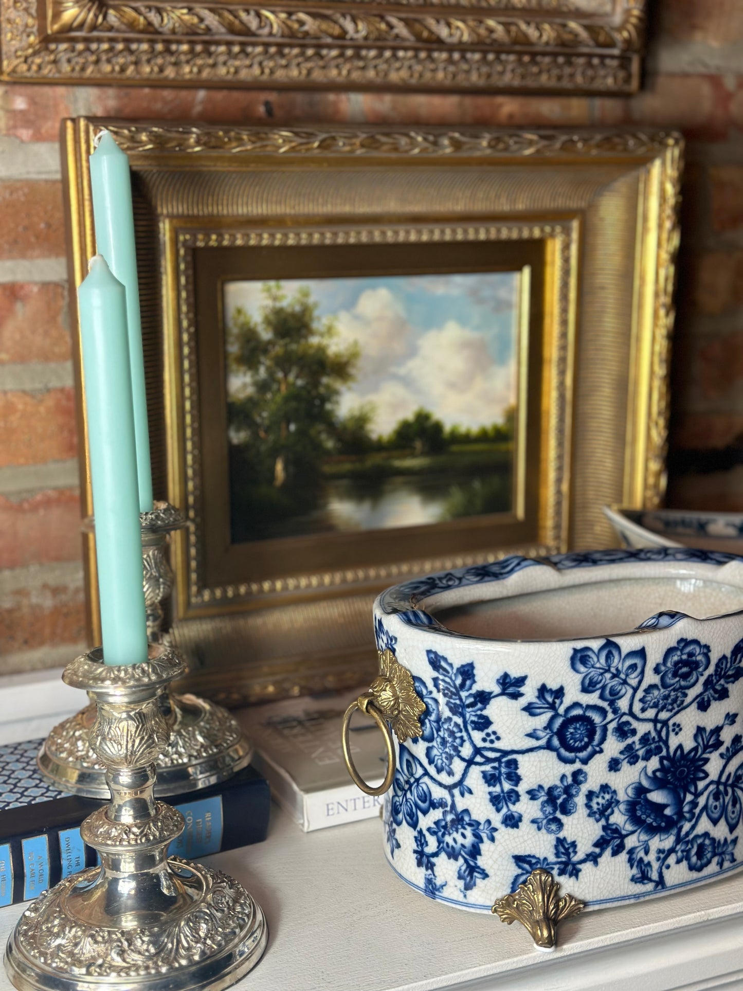 Oval Basin With Bronze-Blue And White, 12x7x7