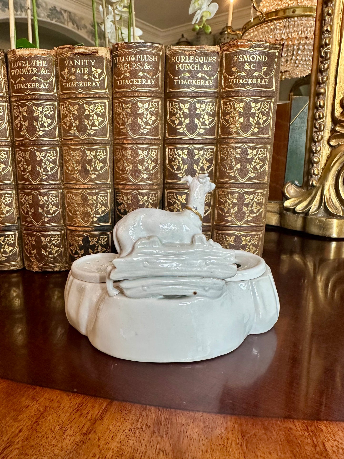 Wonderful 19thc English Staffordshire Greyhound Inkwell Pin Dish