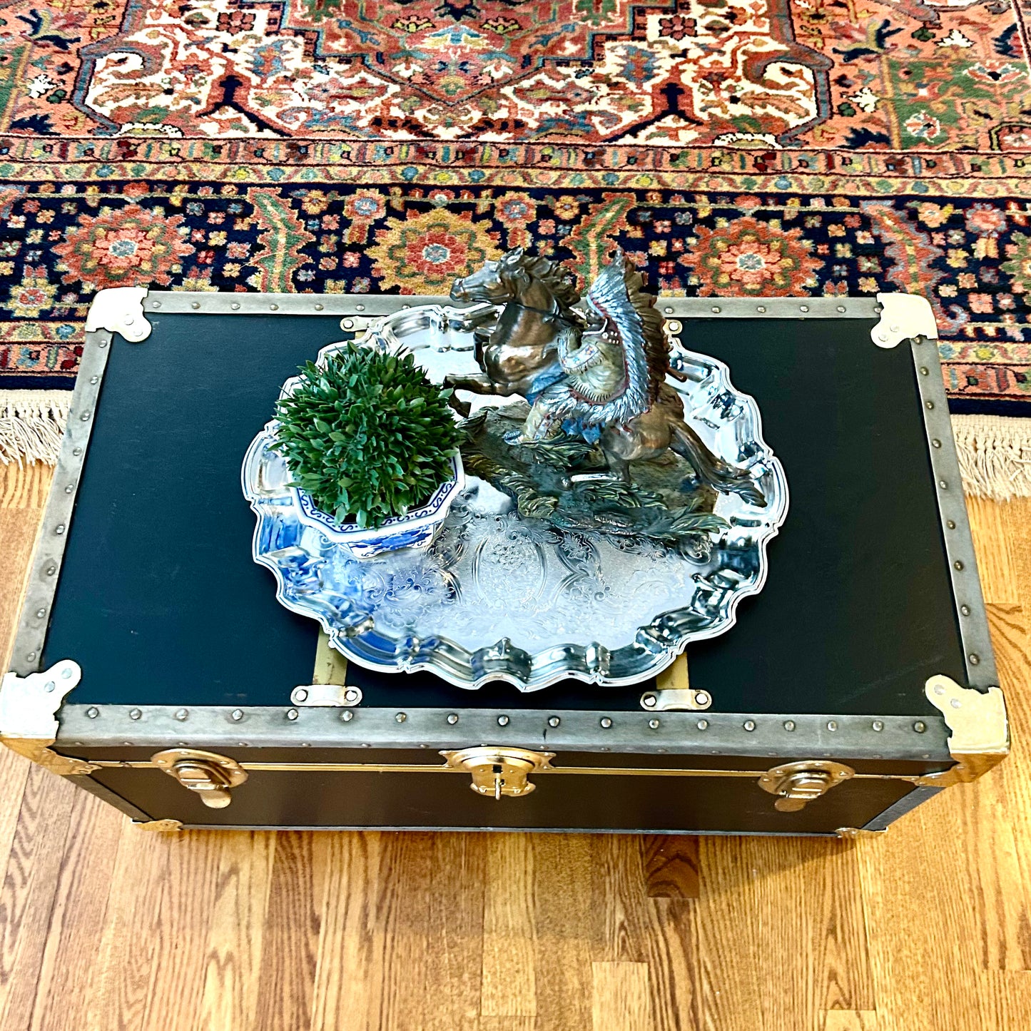 Handsome vintage  ebony black, Brass & leather storage trunk w handles steamer trunk coffee table .