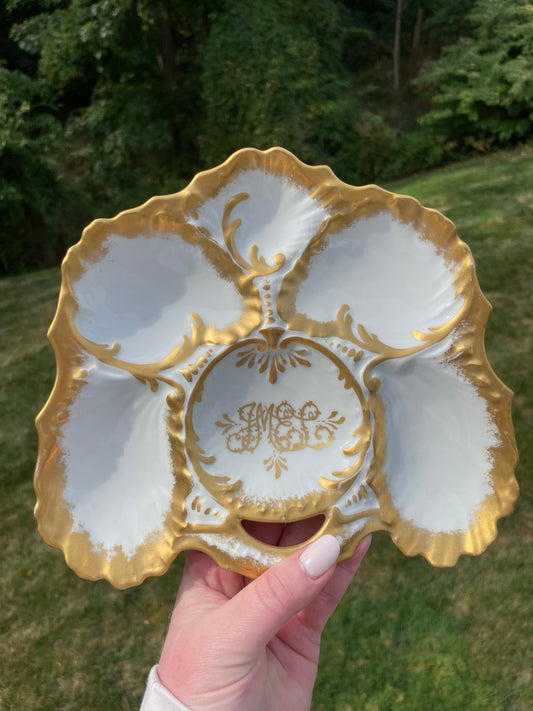 Sourced for Theresa: Hand-Painted Limoges French Oyster Plate w/ Monogram & Gold Gilding circa 1880