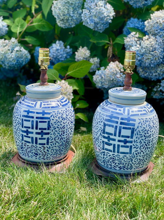 Vintage PAIR Blue & White Double Happiness Ginger Jar Lamps on Wood Base