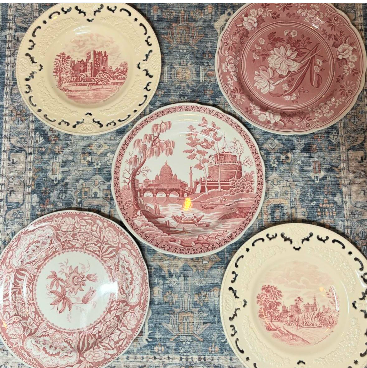 Set of 5 Red Transferware Plates - Excellent condition!