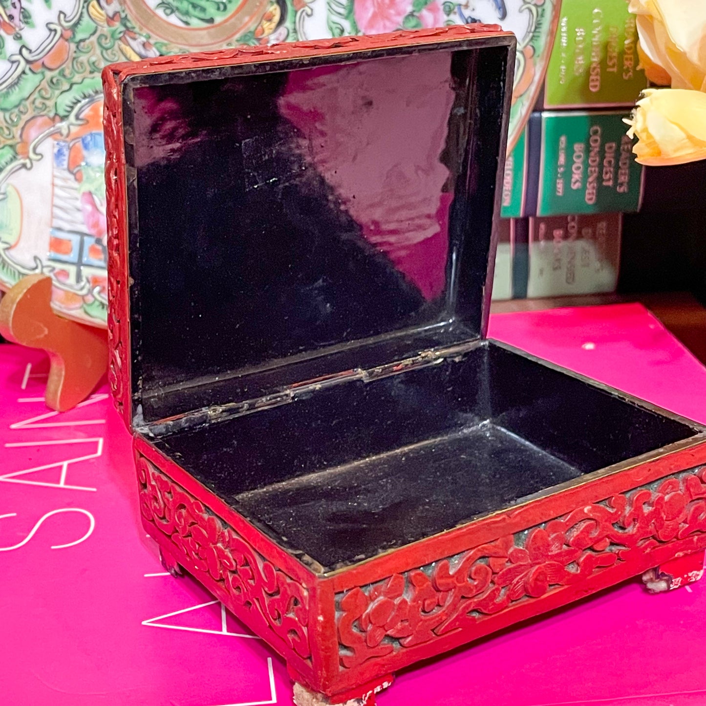 Antique Chinese Carved Cinnabar and Lacquer Box