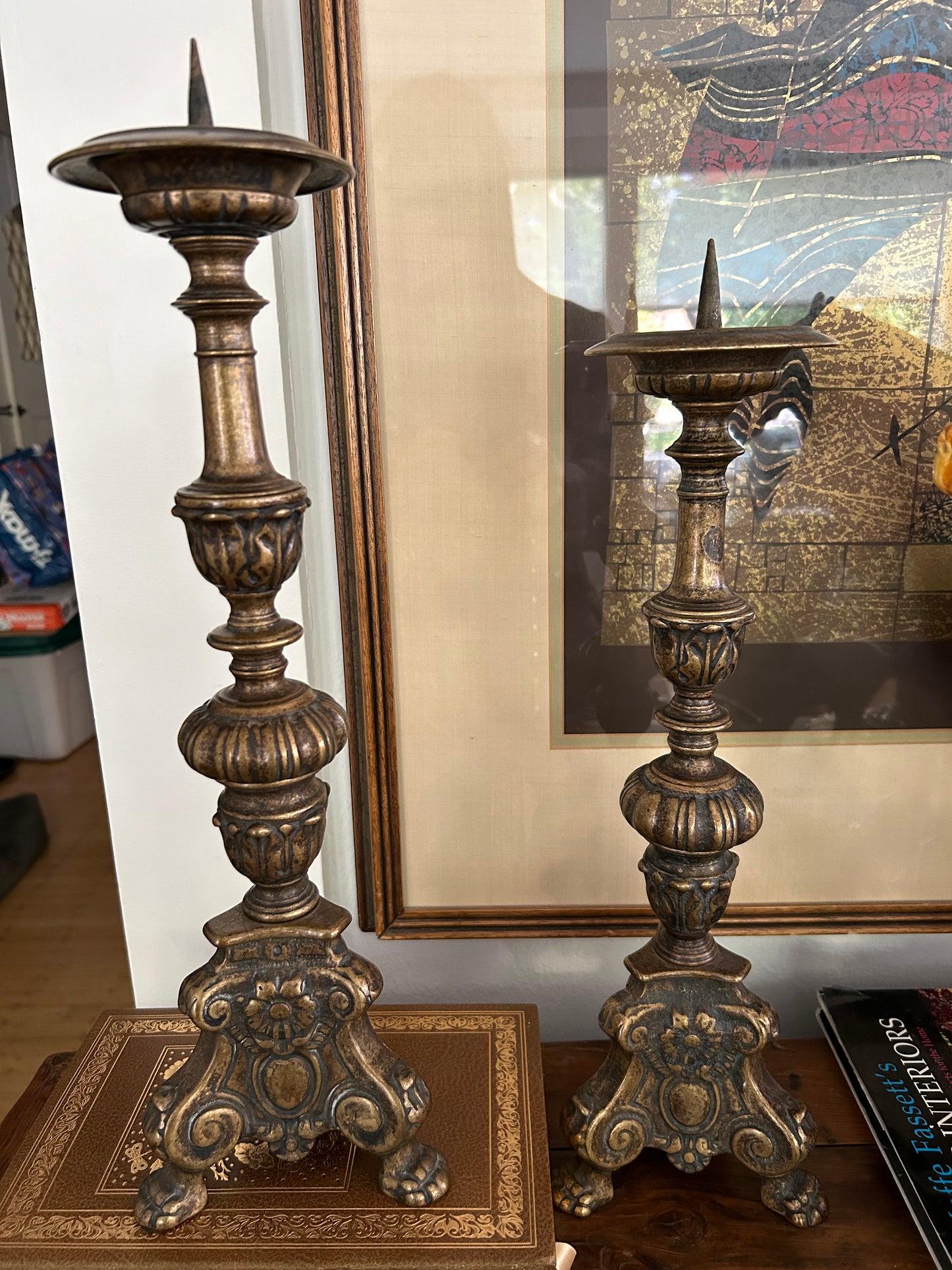 Pair of Very Heavy Brass/Bronze Candlesticks 17” Tall