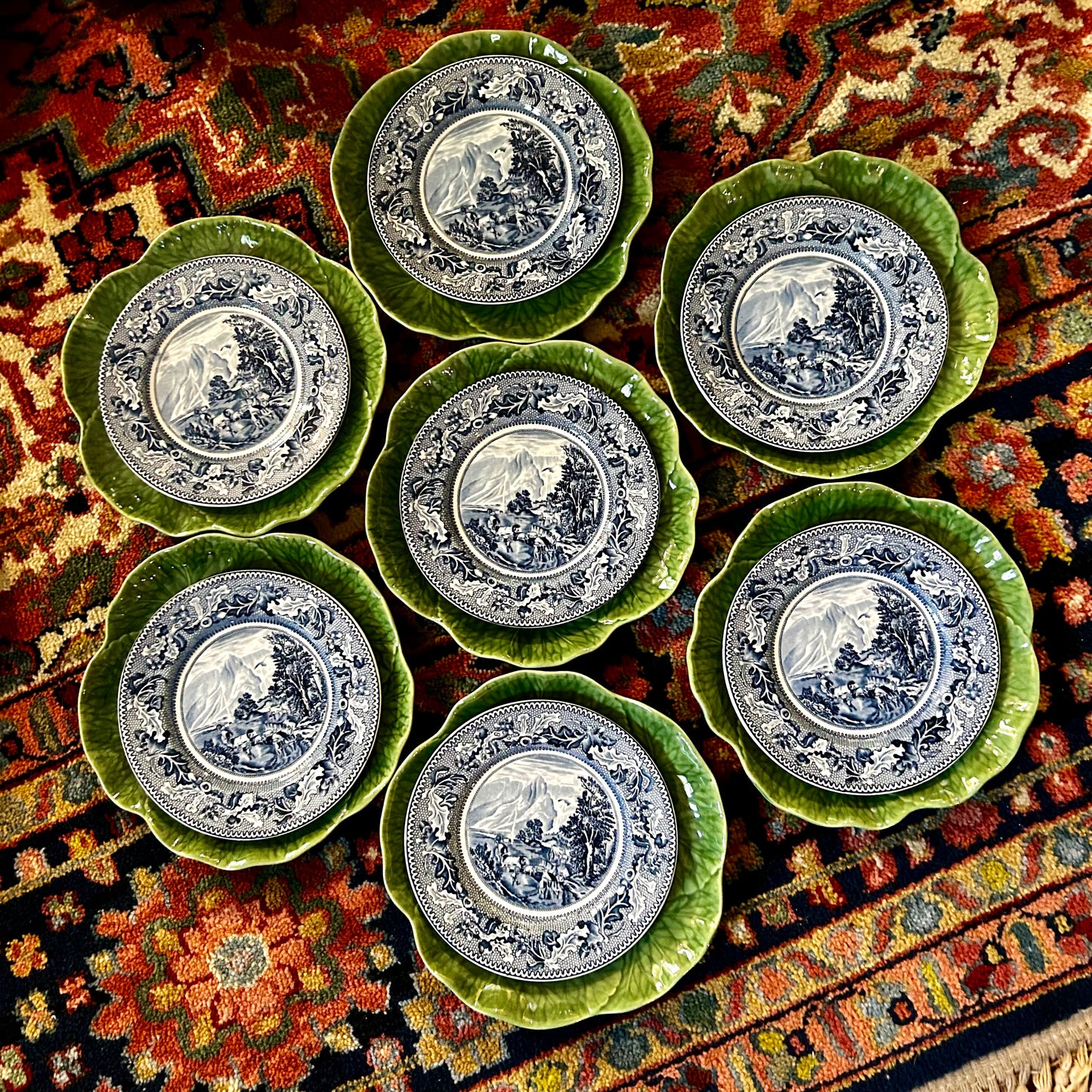 Set of 7 blue willow plates by Johnson Brothers of England