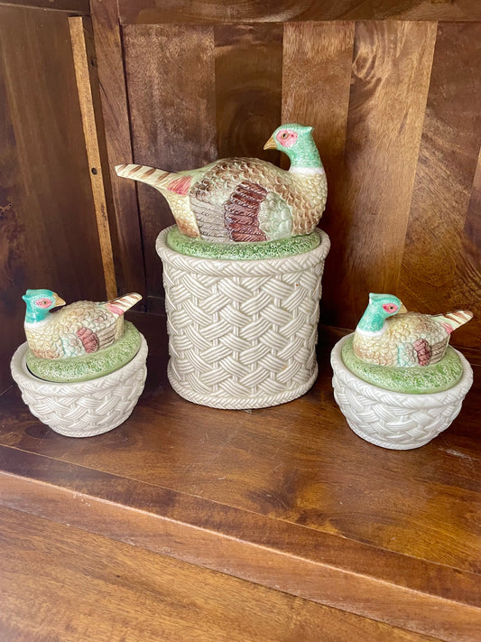 Vintage Fitz & Floyd Set of 3 Pheasant Lidded Canisters with Basket Weave Design from 1985 - Pristine!