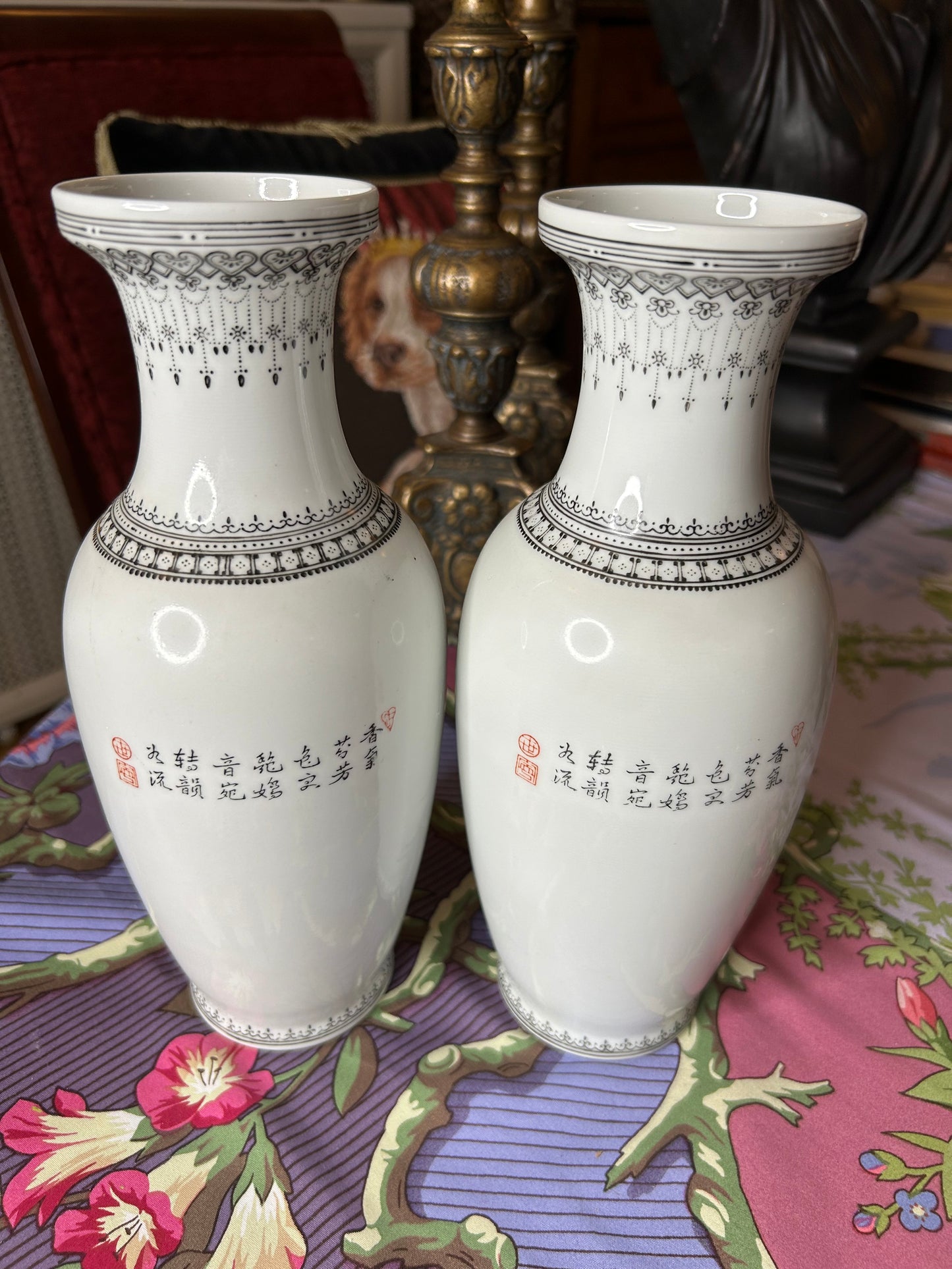 Lovely Pair of Chinese Vases with Hand painted Peony’s and Birds