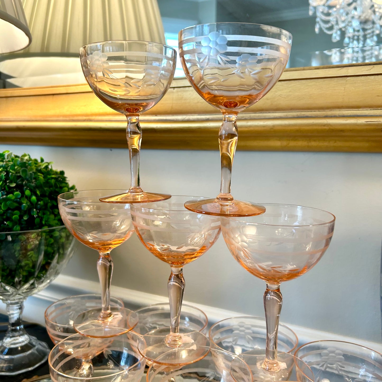 Set of 12 perfectly pink crystal Champagne sherbet etched coup glasses.