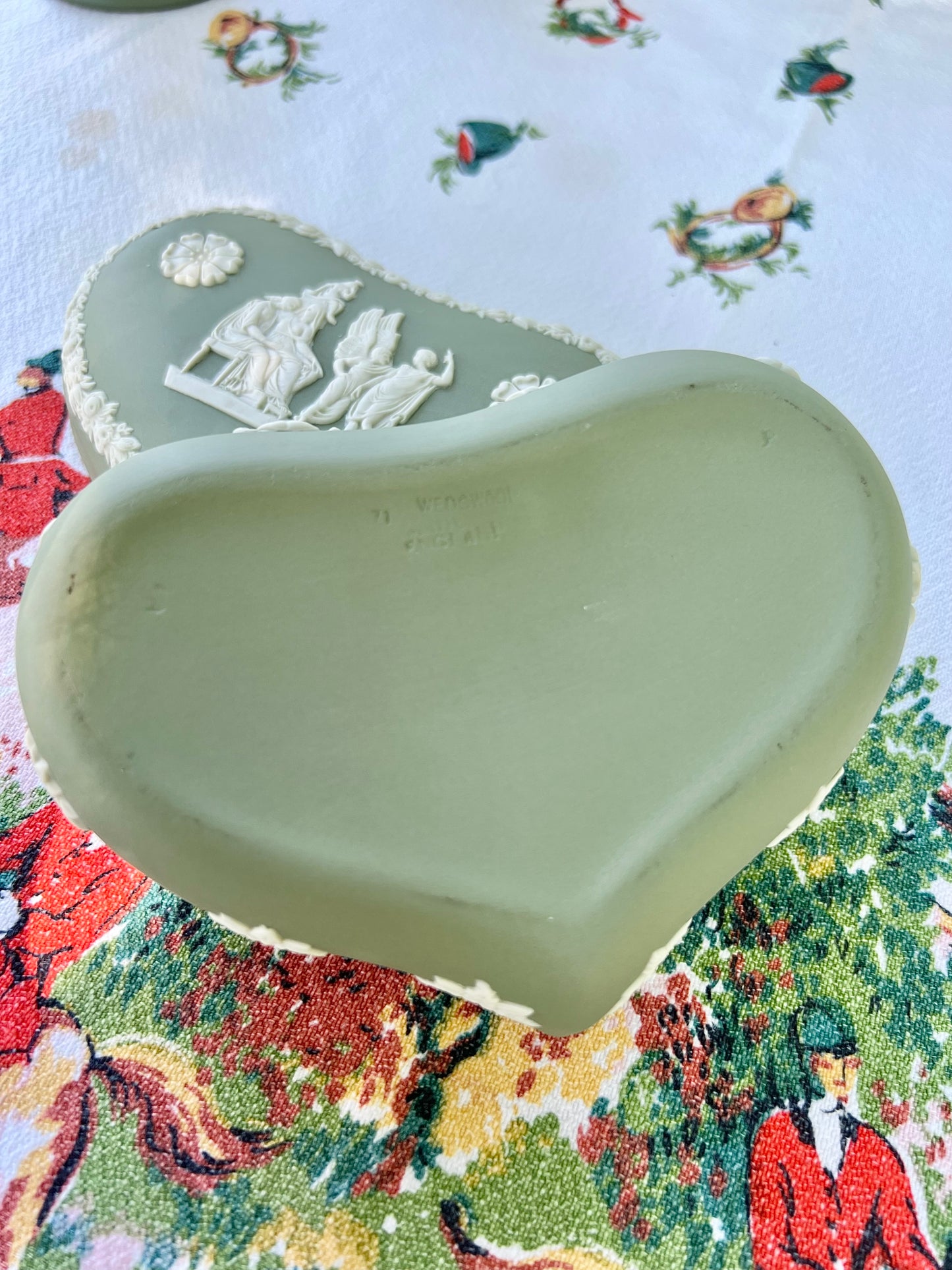 Vintage Green Wedgwood Jasperware Heart Shaped Box - 5.25" x 4"