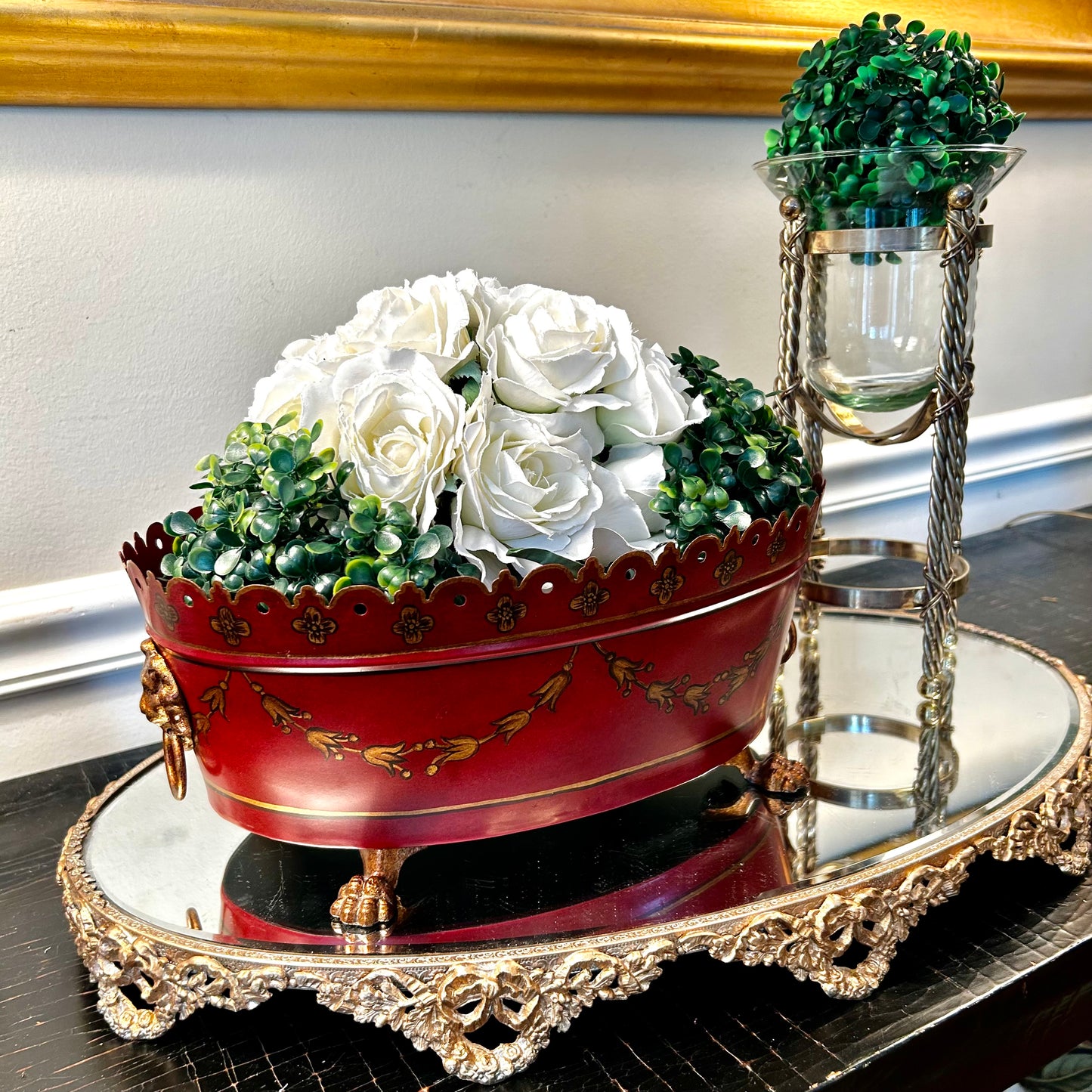 Gorgeous rich red and gold Chippendale claw leg tole metal planter