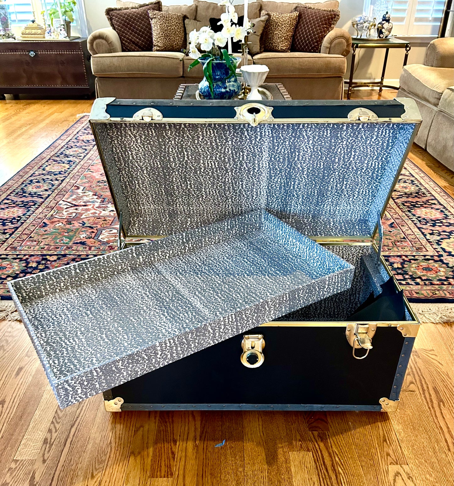 Handsome vintage  ebony black, Brass & leather storage trunk w handles steamer trunk coffee table .