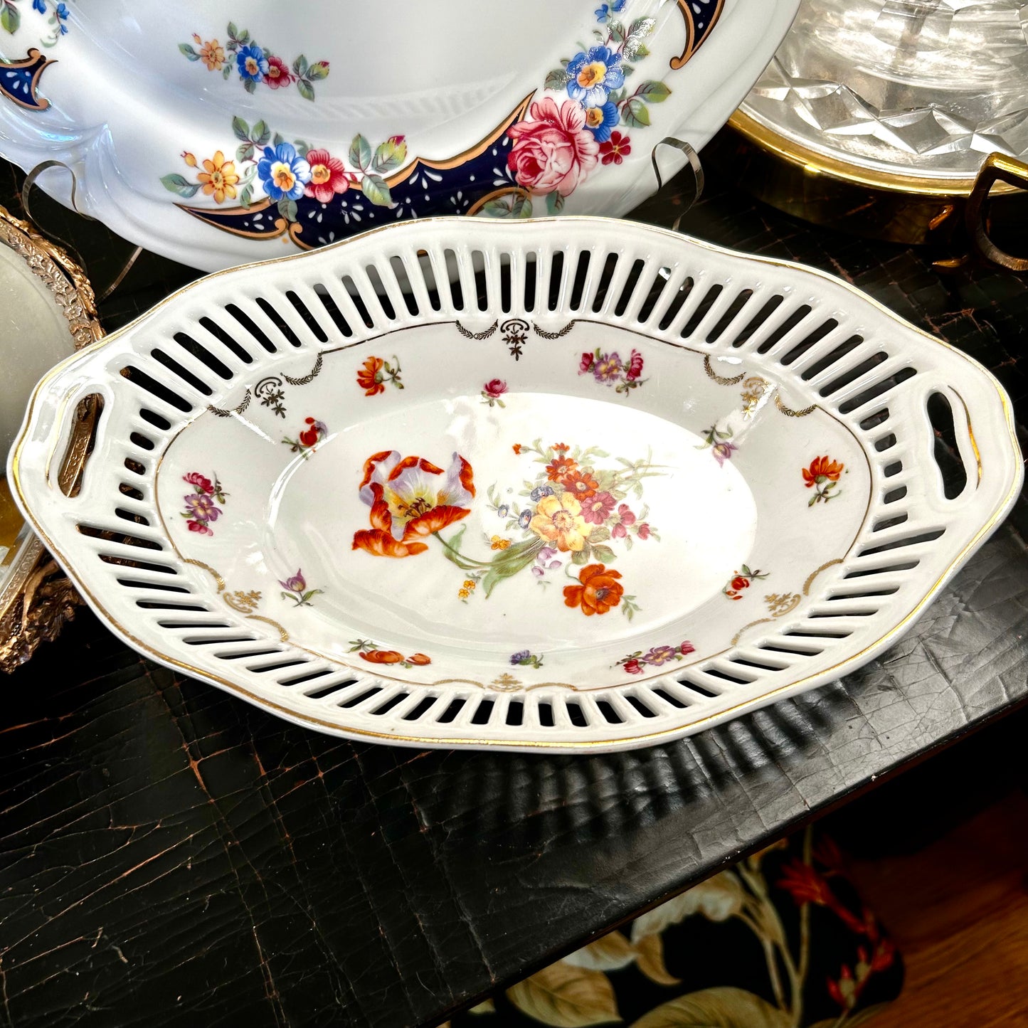 Gorgeous hand painted reticulated Germany porcelain floral bowl