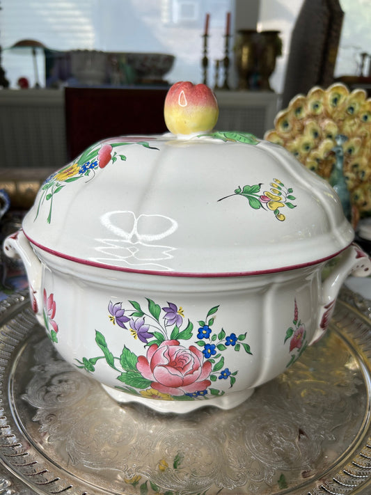 Vintage Luneville Old Strasburg Covered Tureen or Soupier with Hand Painted Tulips and Roses