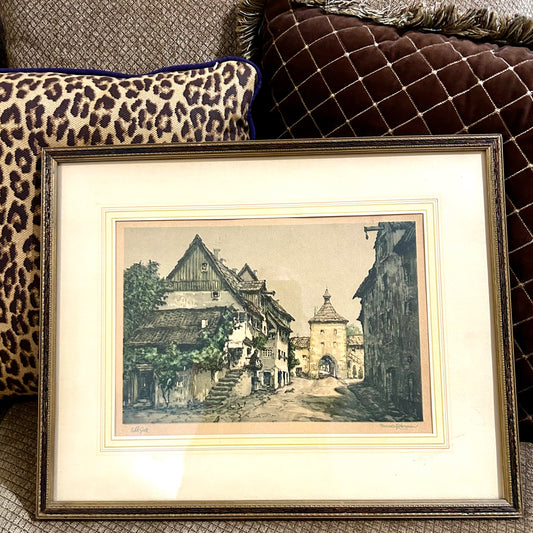 Stunning antique lithograph print old world village landscape "Old Gate" signed by artist.