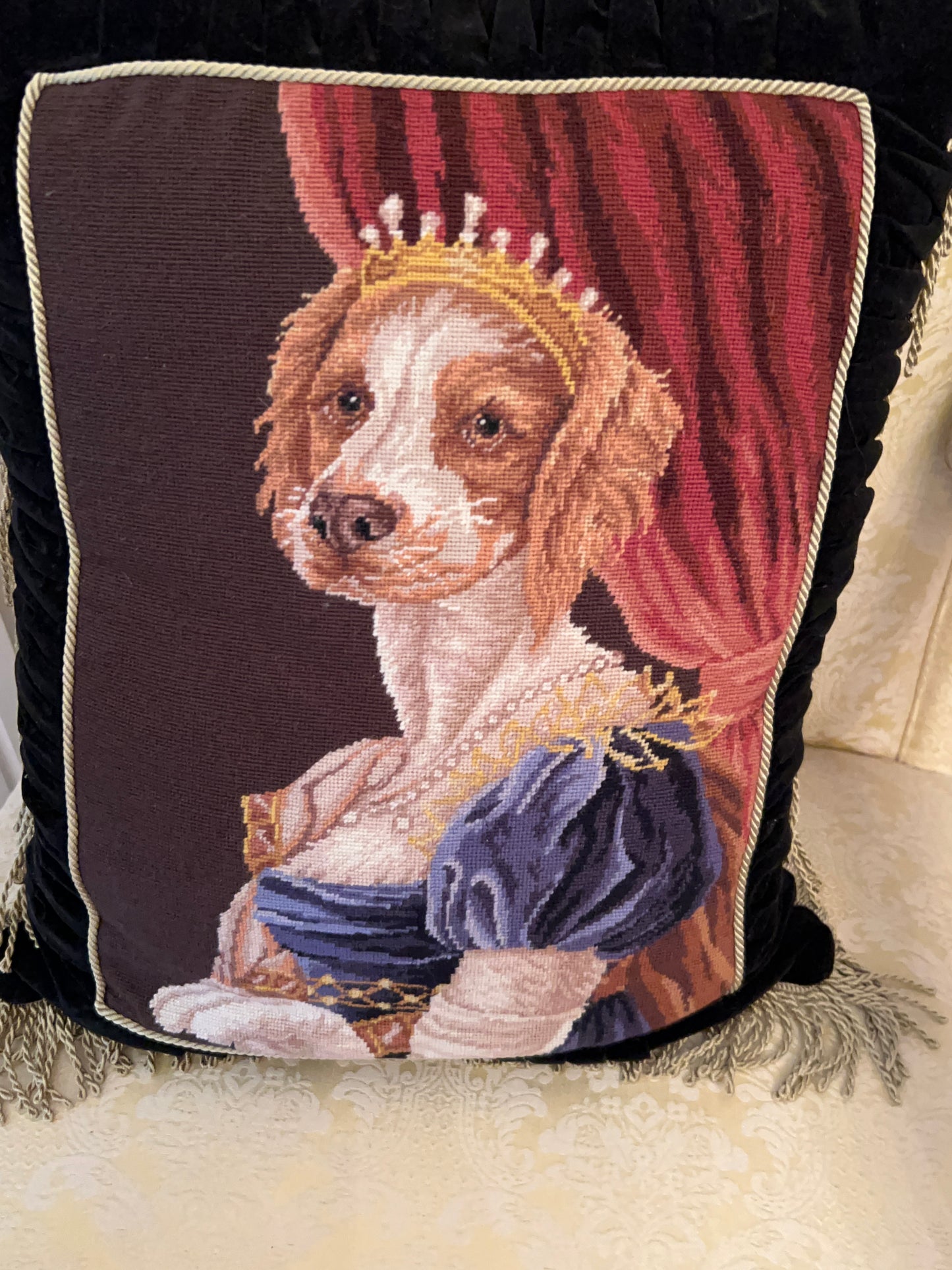 Magnificent Needlepoint Pillow with Princess Dog, 21”