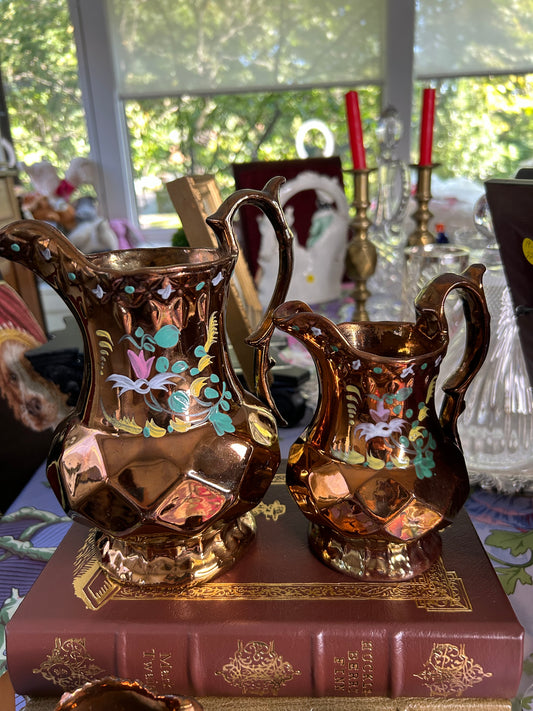 Pair of Antique Copper Luster Hand Painted Pitchers c.1880’s