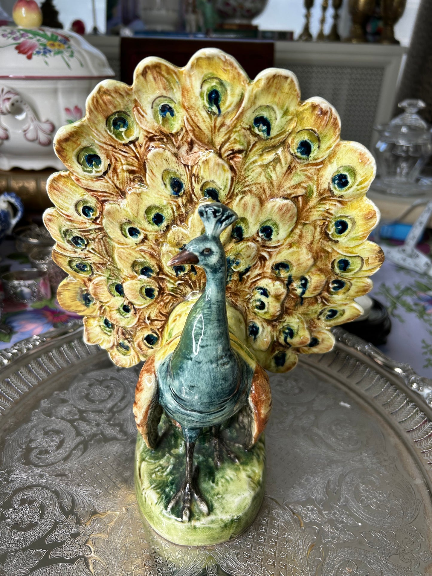 Gorgeous Antique Majolica Peacock Vase 10”