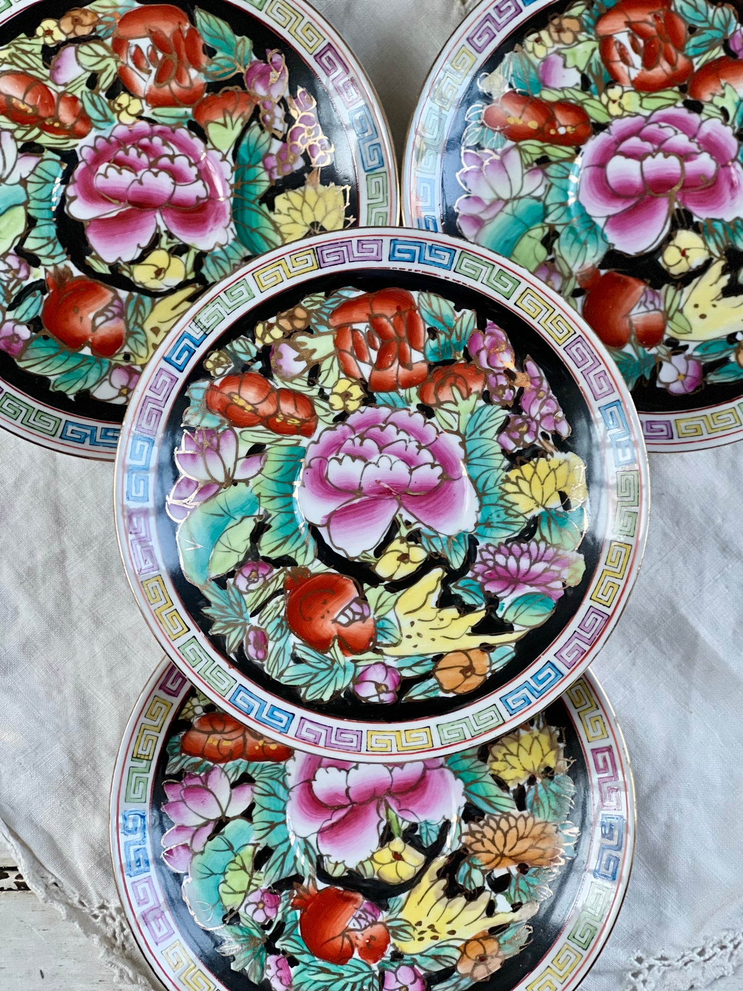 Vintage Set (4) Famille Noire Mille Fleur Saucers - 6” diameter