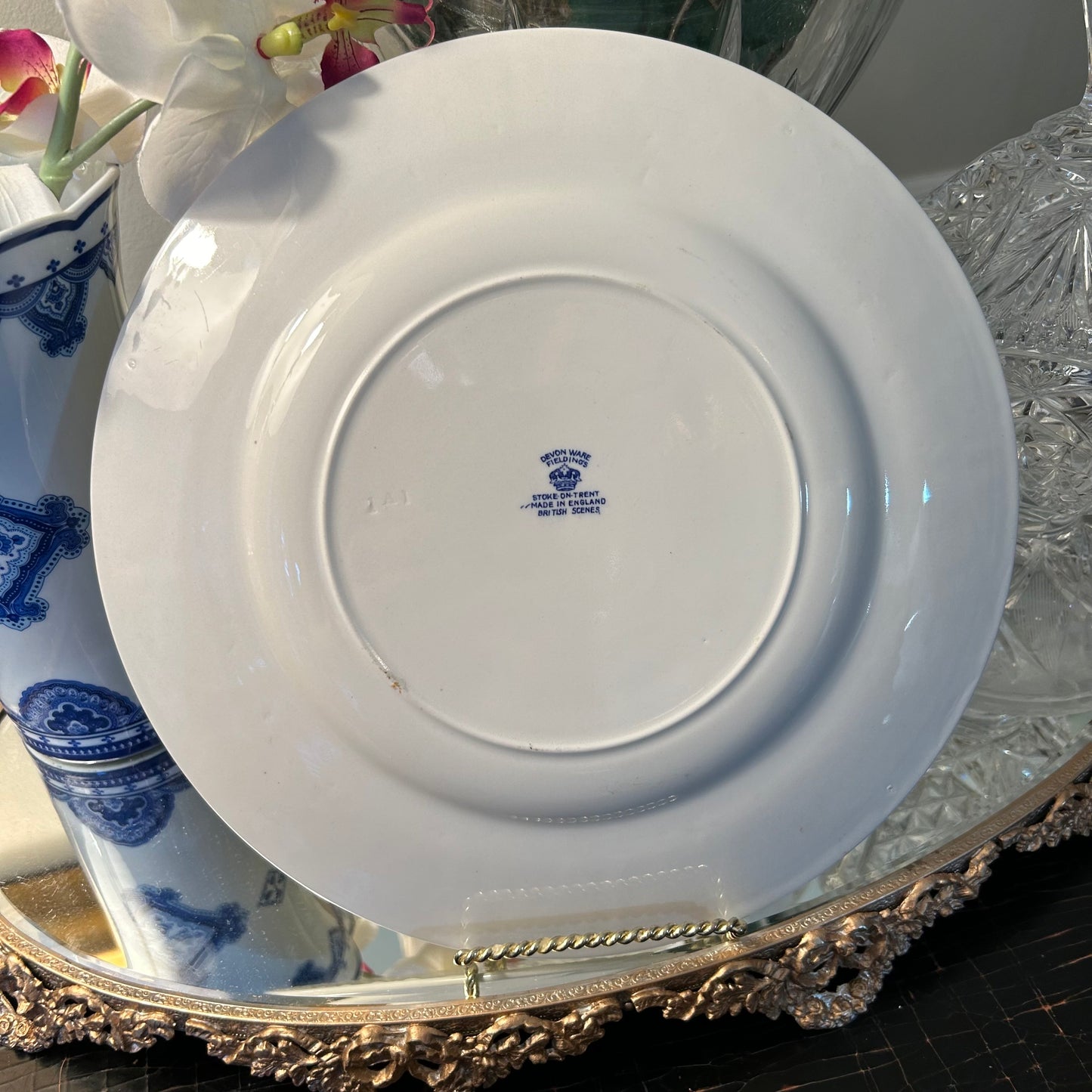 Rare English Devon Ware Feildings Stoke in Trent 11 in blue & white charger plate