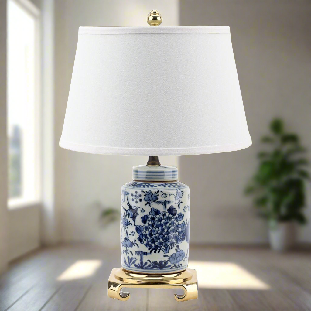 Blue & White Peony Floral Desk Lamp: 12L X 12W X 19H,Small Tea Jar Lamp