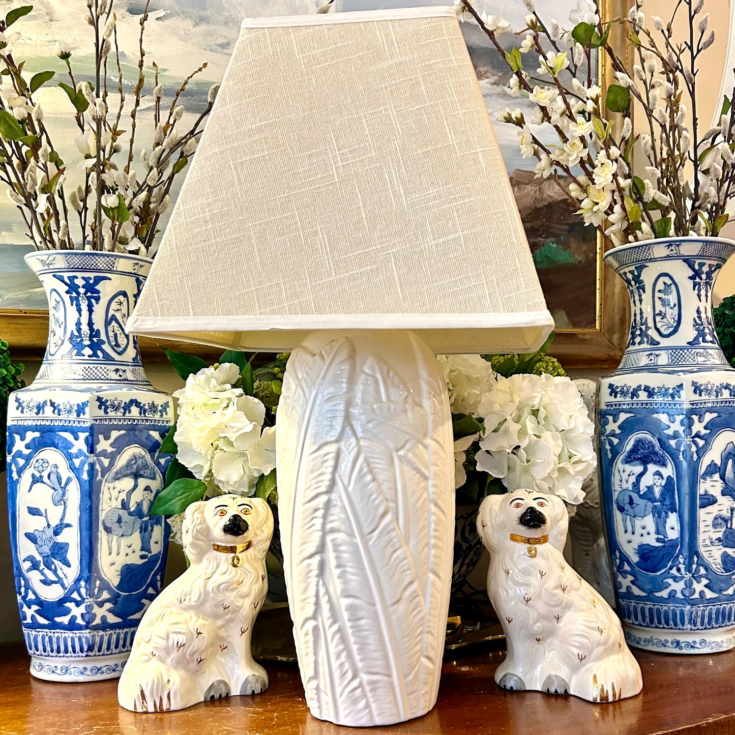 Vintage Palm beach regency white palm leaf ginger jar lamp