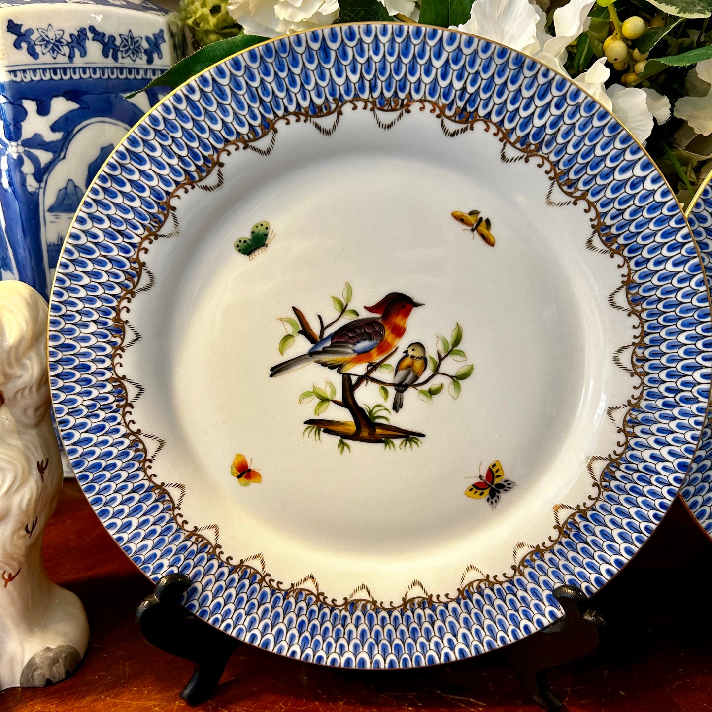 3 Available Gorgeous Large Andrea Sadek Fishnet Blue Banded Dinner Plates w Birds sold each