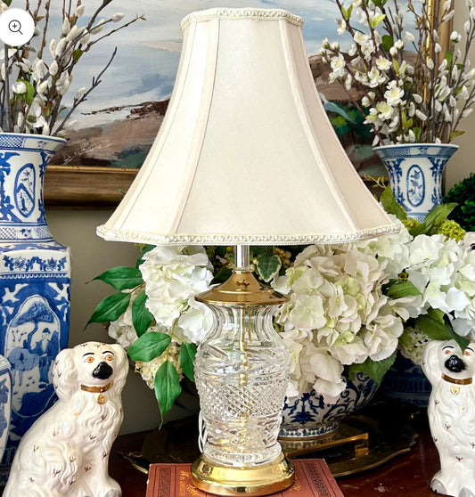 Vintage stamped Crystal and brass  boudoir lamp with designer Stiffel ivory shade