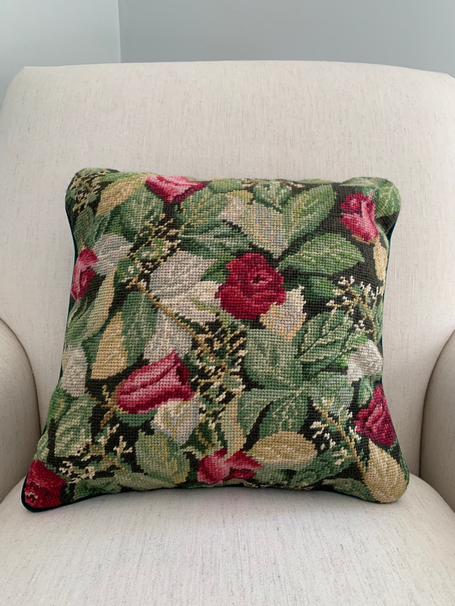 Rose Floral and Green Leaf Needlepoint Pillow with Green Velvet Backing