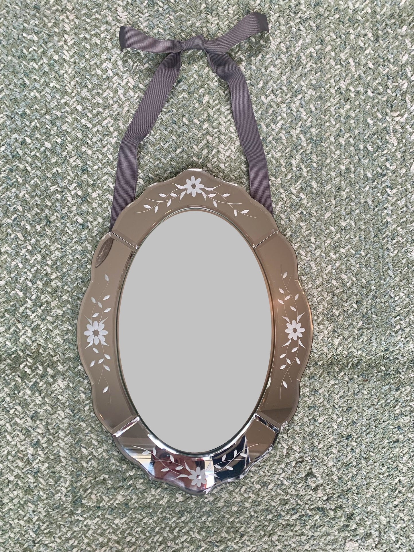 Oval Mirror with Etched Floral Design 14.5" x 10.5"