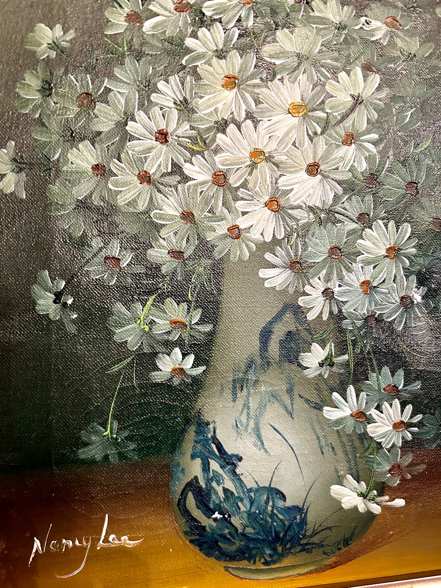 Signed original floral still life oil painting wall art in blue & white chinoiserie vase.